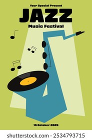 Jazz music festival poster template design background. Geometric shape of saxophone and vinyl record. Design element for print, brochure, leaflet, flyer, invitation, vector illustration