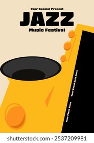 Plano de fundo do design do modelo do cartaz do festival de música jazz. Saxofone estilo de design plano mínimo. Elemento de projeto para impressão, brochura, folheto, folheto, convite, ilustração vetorial