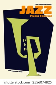 Jazz music festival poster template design background. Abstract shape of trumpet minimal vintage retro style. Design element for print, brochure, leaflet, flyer, invitation, vector illustration