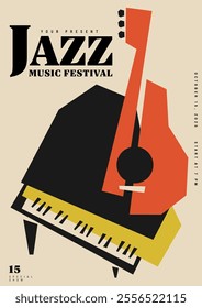 Jazz music festival poster template design background. Abstract geometric shape of piano and guitar vintage retro style. Design element for print, brochure, leaflet, flyer, banner, vector illustration