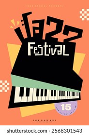 Jazz music festival poster template design with abstract piano keyboard minimal style isolated on peach background. Design element for print, brochure, leaflet, flyer, invitation, vector illustration