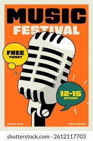 Jazz music festival poster template design background. Retro microphone vintage retro style. Design element can be used for banner, brochure, leaflet, flyer, print, advertisement, vector illustration