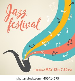 Jazz music festival. Poster template. Saxophone with notes. Perfect for music events, jazz concerts. Vector illustration.