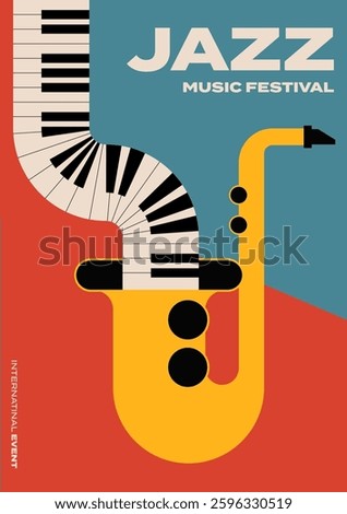 Jazz music festival poster template design background. Minimal piano keyboard and saxophone vintage retro style. Design element for print, brochure, leaflet, flyer, invitation, vector illustration