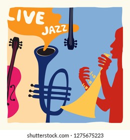 Jazz music festival poster with trumpet and violoncello flat vector illustration. Colorful music background with music instruments, live concert events, party flyer, brochure, promotional banner