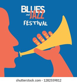 Jazz music festival poster with trumpet player flat vector illustration. Colorful music background with trumpeter, music festival poster, live concert events, party flyer