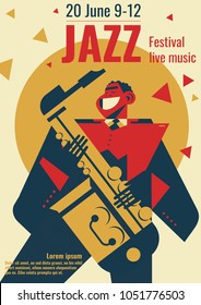 Jazz music festival poster vector illustration. Jazz club band concert placard flat retro or modern design template of black jazzman man playing saxophone for jazz festival advertisement