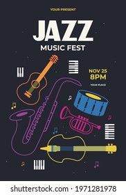 Jazz music festival poster vector. Saxophone, snare drum, guitar, microphone, piano, trumpet icon illustration. Perfect for music event and jazz concerts