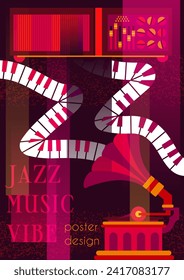 Jazz music festival poster. Vintage retro cover with gramophone, musical instruments and piano keys. Abstract design element for card or invitation to music party. Cartoon flat vector illustration