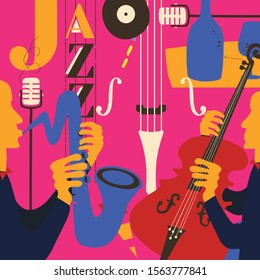 Jazz music festival poster with violoncello, saxophone and microphone flat vector illustration design. Colorful music background, music show, live concert events, party flyer, jazz music poster