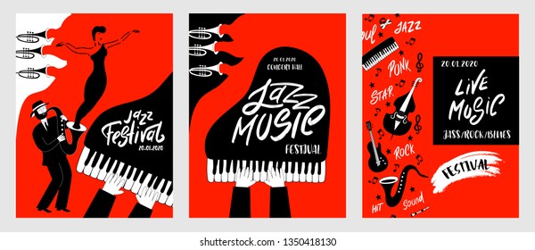 Jazz music festival posters with musical instruments (piano, pipe, guitar, cello, saxophone, microphone and trumpets). International Jazz Day. Vector hand drawn illustrations. 