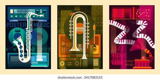 Afiches del festival de música Jazz ambientados. Cubiertas coloridas con saxofón, piano y trompeta. Elemento de diseño para la fiesta o evento de invitación a la música. Ilustraciones del vector plano de dibujos animados aisladas en segundo plano