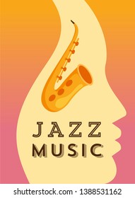 Jazz music flat vector banner template. Musician face profile silhouette with saxophone stylized illustration. Creative music festival advertising, promotional poster, flyer design layout