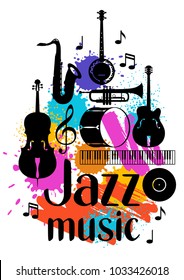 Jazz music grunge poster with musical instruments.