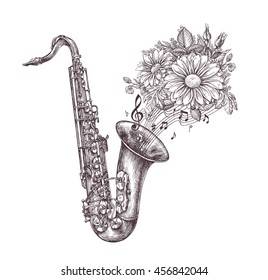 Jazz music. Hand-drawn sketch a saxophone, sax and flowers. Vector illustration