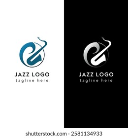 Jazz music icon features blue saxophone silhouette white Jazz festival typography on black background. Vector elegant emblem for live sound musical entertainment, retro club musical night event