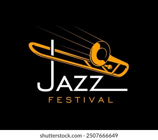 Jazz music icon features orange saxophone silhouette white Jazz festival typography on black background. Vector elegant emblem for live sound musical entertainment, retro club musical night event