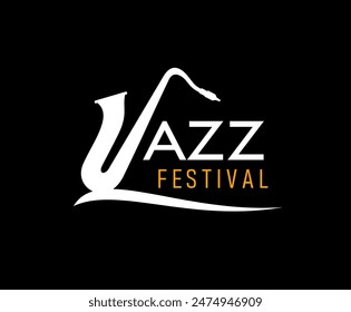 Jazz music icon for a festival features saxophone silhouette integrated into the word Jazz, white and yellow typography on black background. Vector elegant emblem for live sound musical entertainment