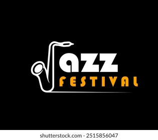 Jazzmusik-Ikone für ein Festival. Vektor elegantes Emblem für Live-Sound musikalische Unterhaltung Features Saxophon Silhouette in das Wort Jazz integriert, weiß und gelb Typografie auf schwarzem Hintergrund