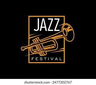 Jazz music icon, stylish vector emblem, showcasing golden trumpet instrument within a bold square frame on a black background. Elegant and vibrant label for live musical concert or jazz festival