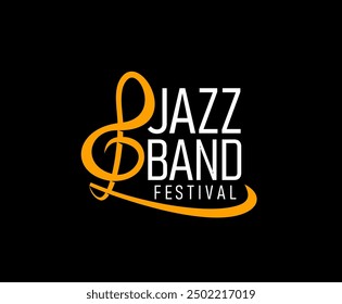 Jazzmusik-Ikone, Vektorlabel für Jazzband-Musical, Instrumentalkonzertaufführung. Stilvolles Emblem für Retro-Festival, mit hellorangefarbenem Hochtonschlüssel und weißer Typografie auf schwarzem Hintergrund