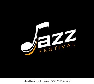 Ícone da música jazz, rótulo vetorial para performance instrumental de concertos. Emblema elegante para o festival da noite de jazz, apresentando letra J como uma nota musical em laranja e branco tipografia sobre fundo preto