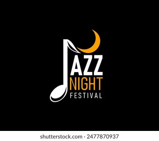 Jazz music icon, vector stylish emblem for jazz night festival, featuring musical note combined with a crescent moon in yellow and white on black background. Label for instrumental concert performance