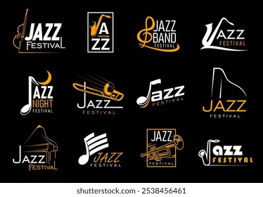 Ícones de música jazz com saxofone vetorial, trompete, piano, trombone e violoncelo instrumentos musicais, notas e silhuetas de clave aguda. Concerto de banda de jazz, festival, evento de discoteca e sinais de show ao vivo definidos