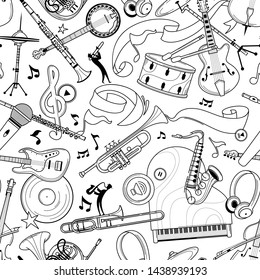 Jazz music instruments hand drawn outline seamless pattern. Electric guitar, headphones texture. Black contour string, brass instruments on white background. Classical orchestra vector design