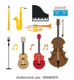 Jazz Music Instruments Objects Set, Flat Design Symbol and Icons Vector