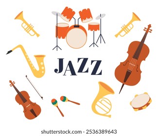 Jazz music instruments on isolated white background. Vector illustration cartoon flat style.