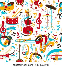 Jazz music instruments retro vector seamless pattern. Banjo, drumset, trumpet, musical notes texture. String, brass, instruments. Classical orchestra, rock concert, music festival background