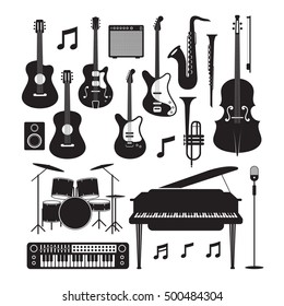 Jazz Music Instruments Silhouette Objects Set, Black and White Symbol and Icons Vector