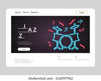 Jazz Music Landing Page Neon Light Glowing Vector Illustration Drums Instrument Illustration