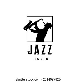 Jazz Music Logo With Saxophone Player. Classic Silhouette Jazz Logo Design Vector Illustration