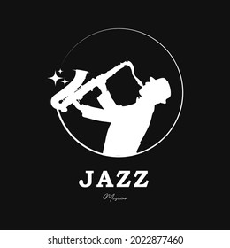 Jazz Music Logo With Saxophone Player. Classic Silhouette Jazz Logo Design Vector Illustration isolated black background