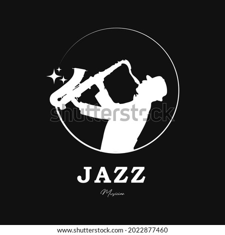 Jazz Music Logo With Saxophone Player. Classic Silhouette Jazz Logo Design Vector Illustration isolated black background
