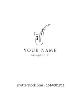 Jazz music logo template with hand drawn vector saxophone icon. For music shops and cafe, for musicians, jazz performers and singers. Business identity and branding.