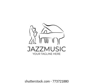 Jazz Music Logo Template. Saxophonist and Pianist Vector Design. Musician Illustration