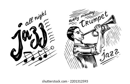 Jazz music. Man plays a musical instrument. Trumpeter man with instrument. Hand drawn logo or badge. Sketch. Doodle vector illustration.
