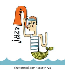 jazz music, mermaid boy plays saxophone in the sea, vector illustration, character design, isolated