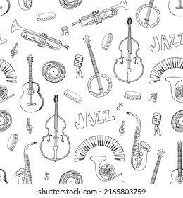 Jazz music, musical instruments vector seamless pattern