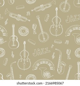 Jazz music, musical instruments vector seamless pattern