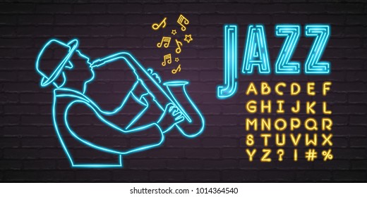 Jazz Music Neon Light Glowing Saxophone Musician and Alphabet Set Neon Light Bright with Dark Background