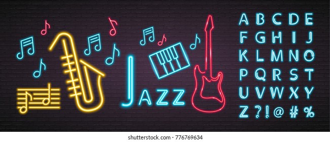 Jazz Music Neon Light Glowing Bright. Guitar, Saxophone, Piano Sign Symbol Neon and Music Note Blue Alphabet