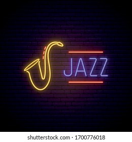 Señal de neón de música jazz. Cartel nocturno para bar, cafetería, restaurante. Brillante emblema de la música jazz para el café Jazz, fiesta, concierto. Ilustración vectorial en estilo neón.