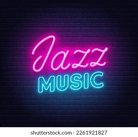 Jazz Music neon sign on brick wall background.