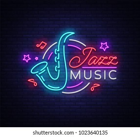 Jazz music is a neon sign. Symbol, neon-style logo, bright night banner, luminous advertising on Jazz music for Jazz cafe, restaurant, bar, party, concert. Design template. Vector illustration