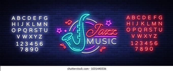 Jazz music is a neon sign. Symbol, neon-style logo, bright night banner, luminous advertising on Jazz music for Jazz cafe, restaurant, bar, party, concert. Vector illustration. Editing text neon sign