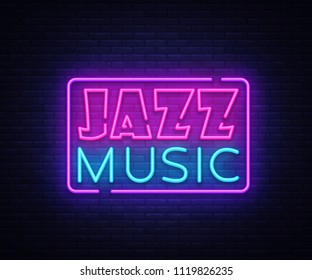 Jazz Music neon sign vector. Jazz Music design template neon sign, light banner, neon signboard, nightly bright advertising. Vector illustration